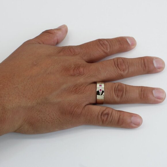 Vintage Men's 10k White Gold Diamond & Ruby Anniversary Band Wedding Ring - Picture 6 of 6